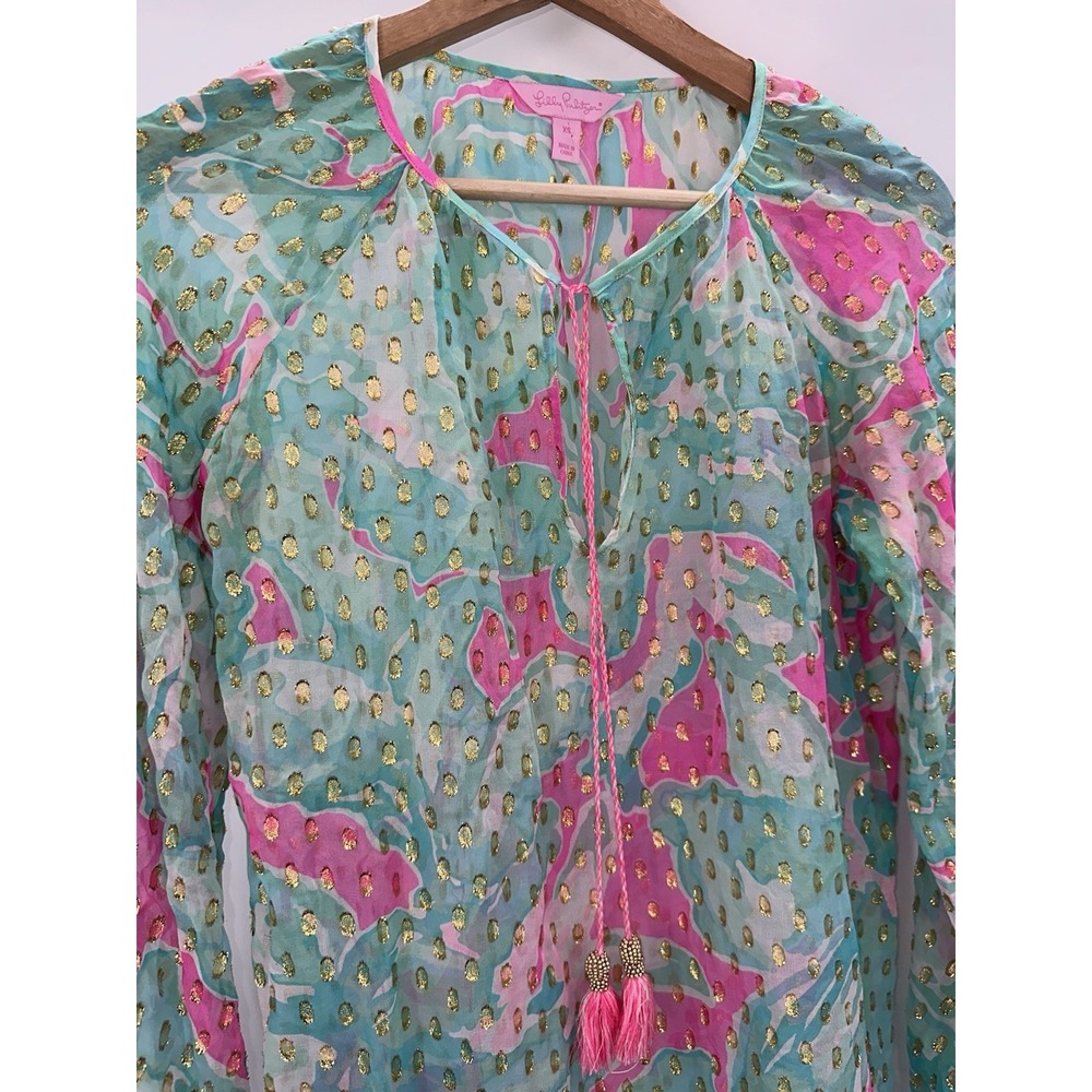 Lilly Pulitzer Rilla Top Silk Sheer Blouse Tropical Pink Sands‎ gold XS